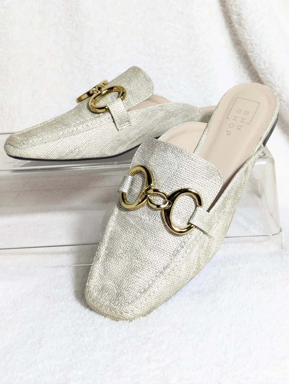 SHU SHOP Womens Andromeda Mule Slip-on Flat Loafers Gold Raffia Casual Coastal 7